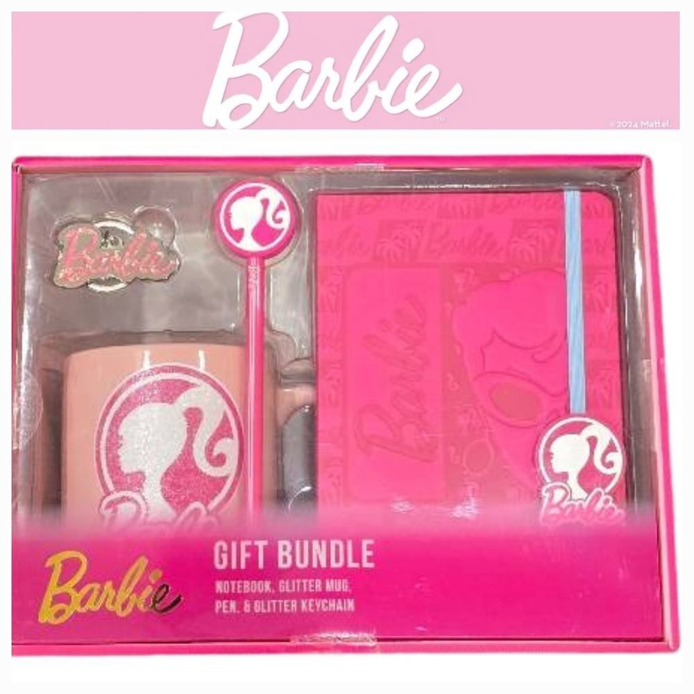 Barbie‎ Notebook, Glitter Mug, Pen, & Glitter Keychain Gift Bundle